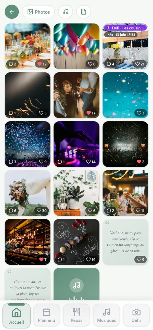 L’album : la grille des photos et les filtres par type