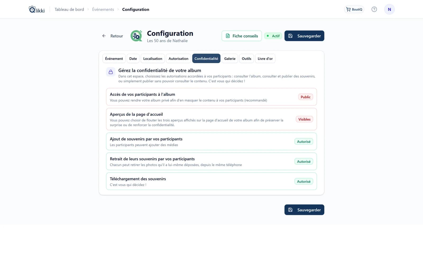 Configuration, onglet Confidentialité : accès à l’album, aperçus, ajout, retrait et téléchargement