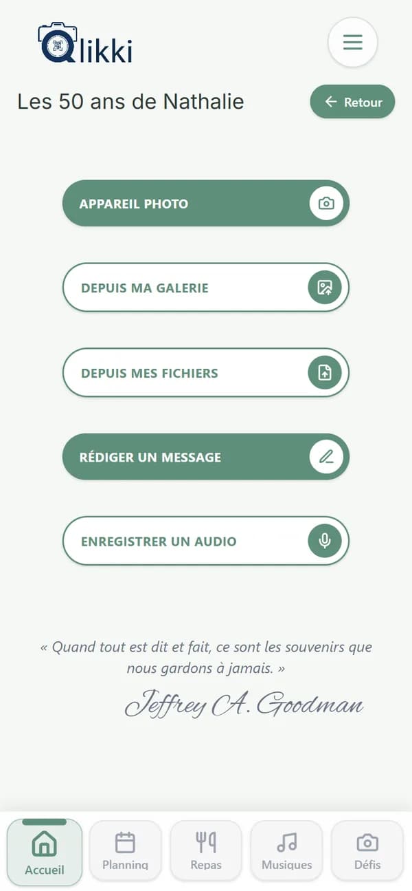 Écran de dépôt : appareil photo, galerie, message écrit, enregistrement audio