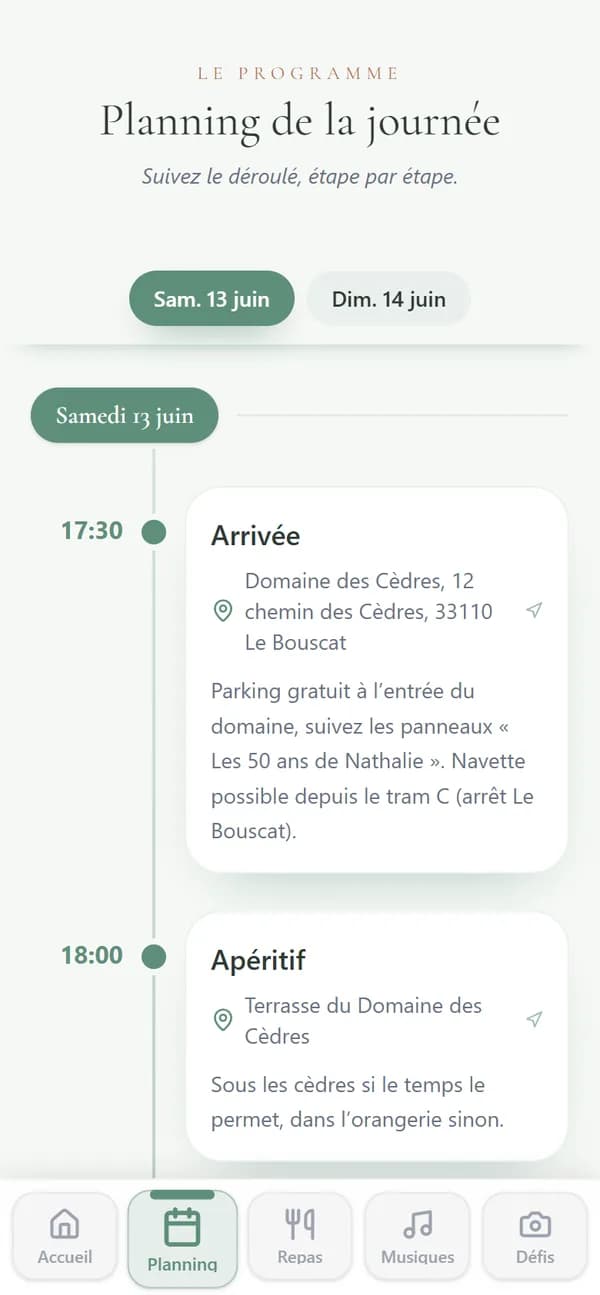 L’onglet Planning sur le téléphone d’un participant : les étapes de la journée, avec l’adresse cliquable