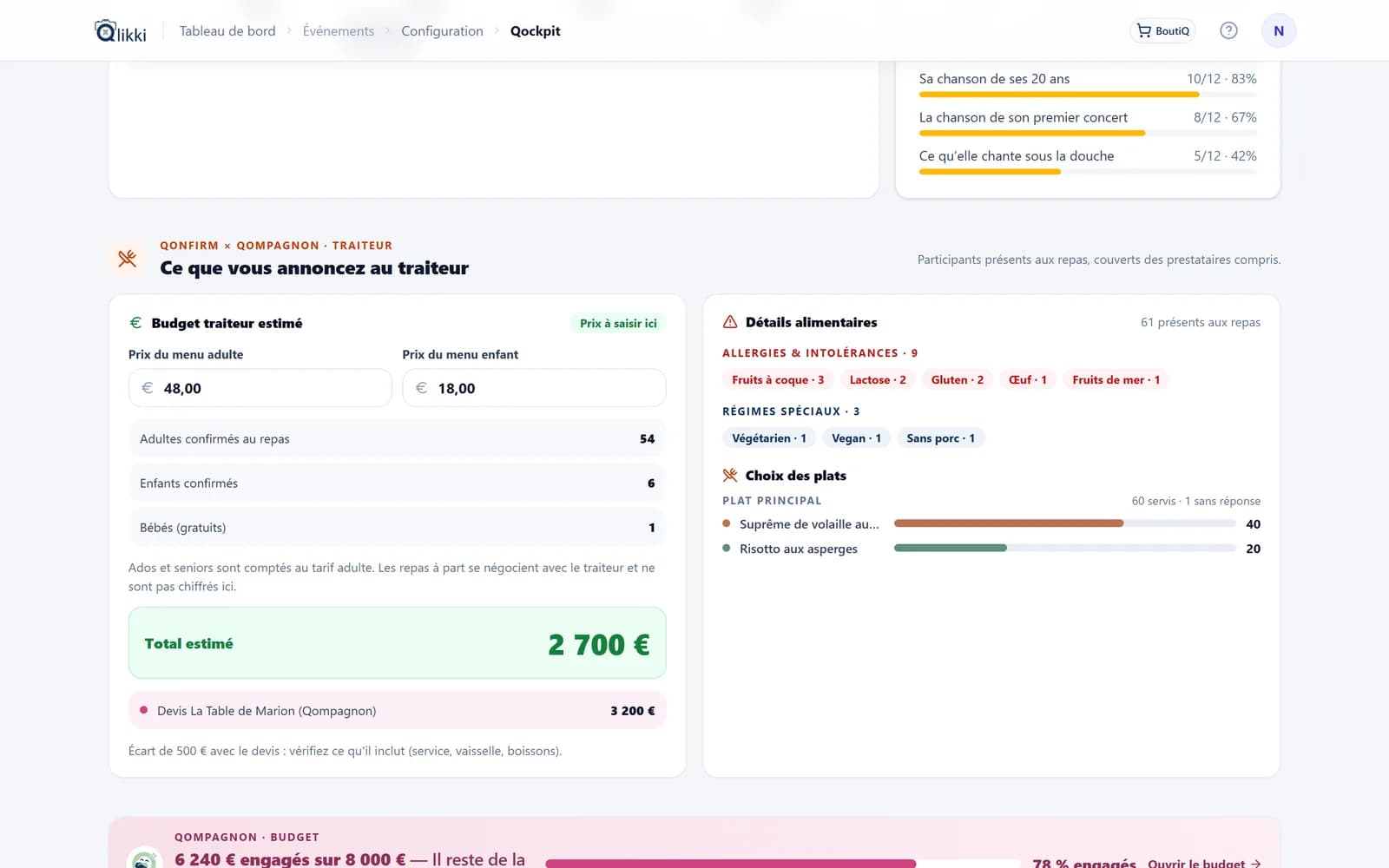 Qockpit, section Traiteur : prix des menus, présences et total estimé