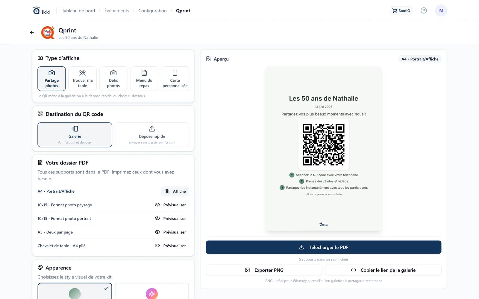 Qprint dans le tableau de bord : le type d’affiche, le format, le thème et l’aperçu