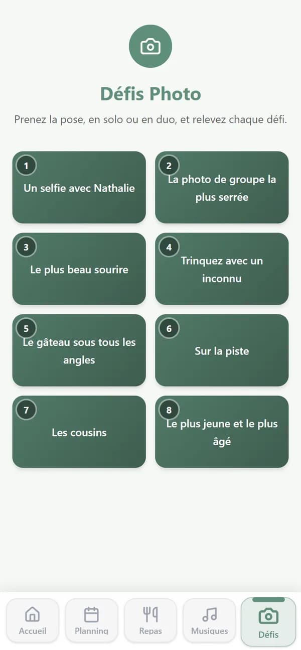 L’onglet Défis sur le téléphone d’un participant : la liste des défis à relever