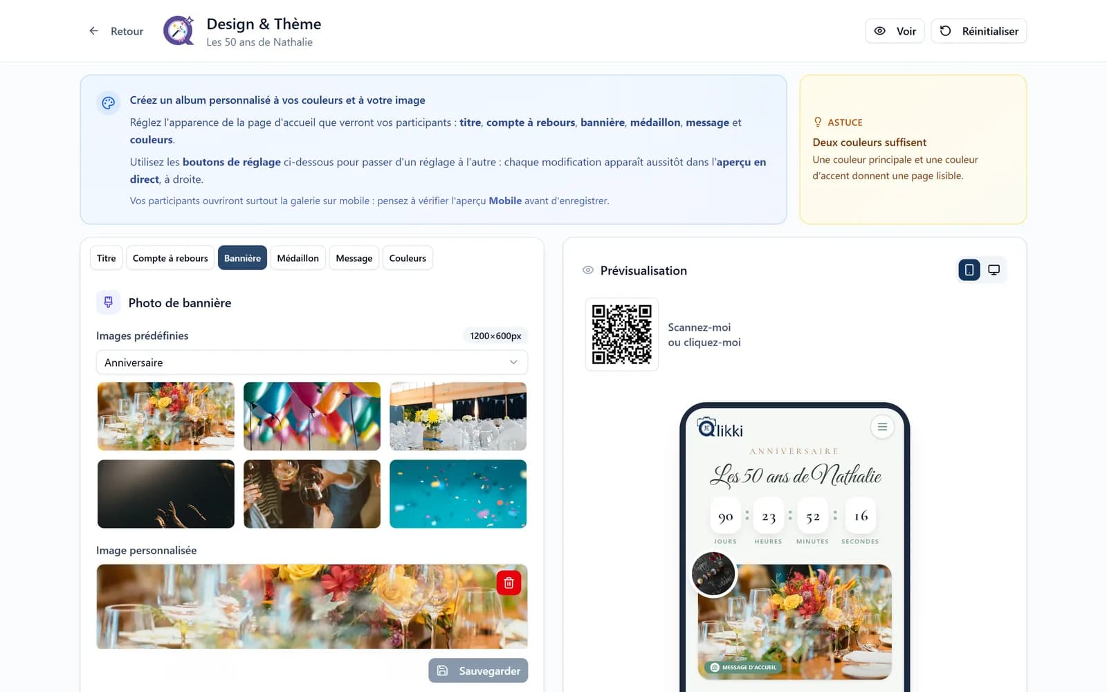 Design et thème, section Bannière : les images prédéfinies par catégorie