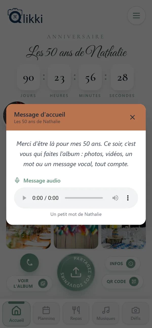 La fenêtre Message d’accueil sur le téléphone d’un participant : le texte et le lecteur audio