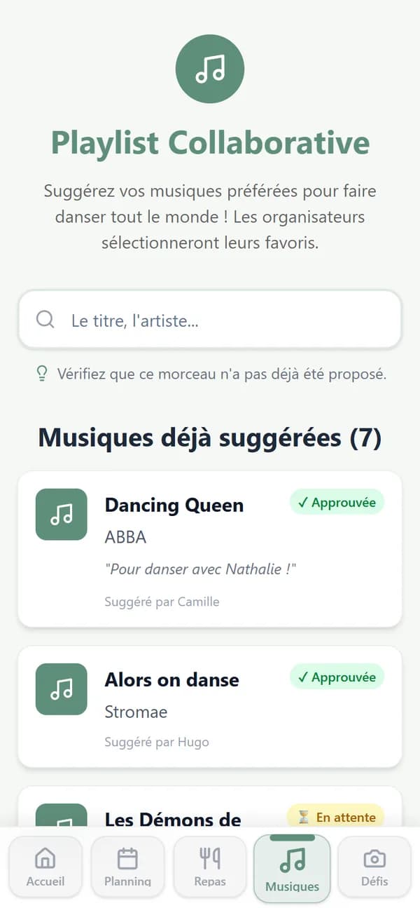 La playlist sur le téléphone d’un participant : formulaire de proposition et titres déjà suggérés