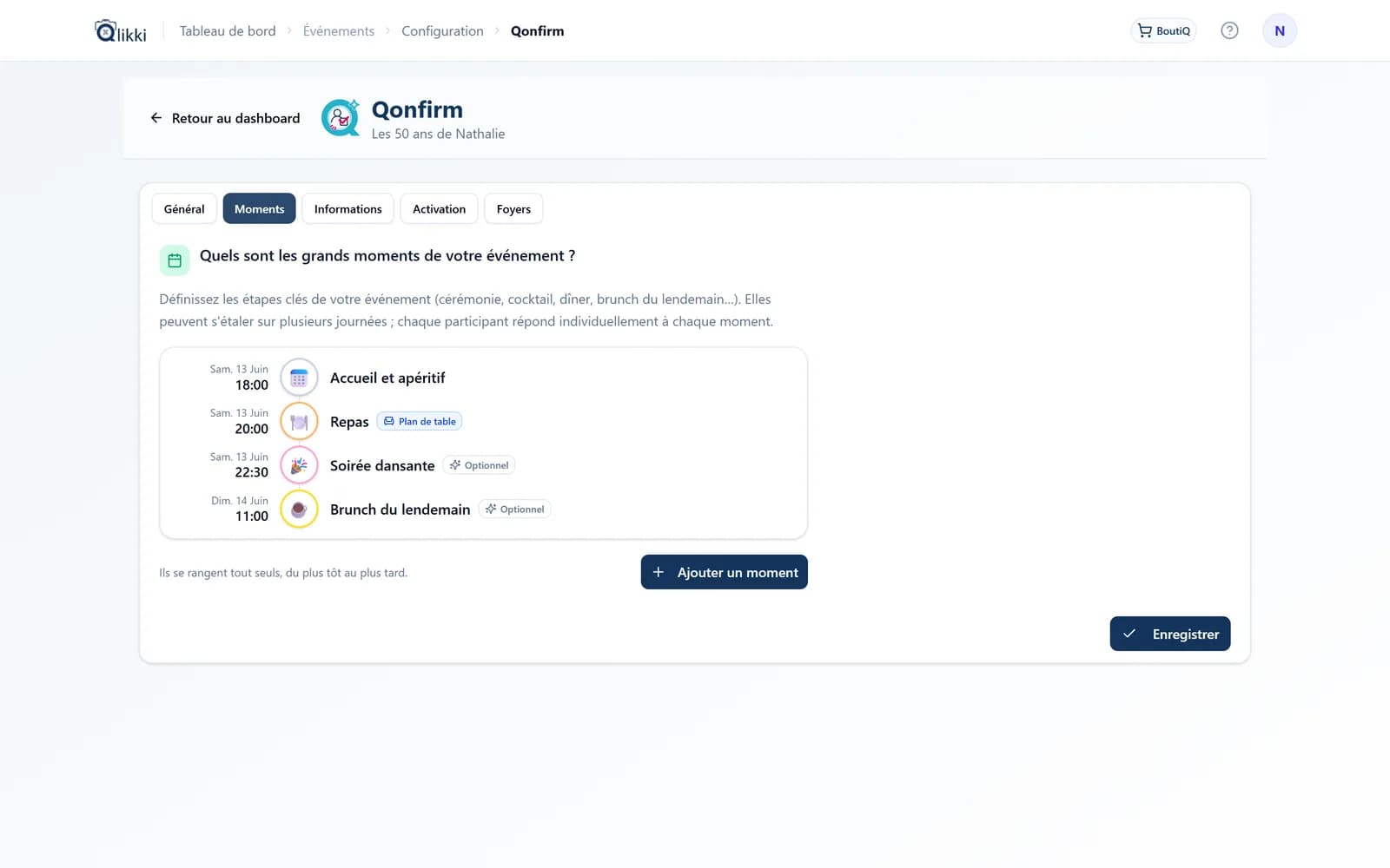 Qonfirm, onglet Moments : les quatre moments de l’événement, avec leurs options