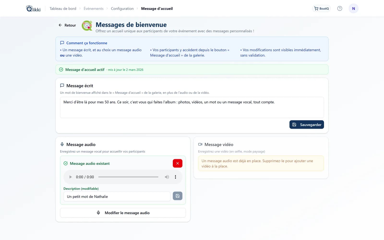 QouQou dans le tableau de bord : message écrit, message audio enregistré et message vidéo