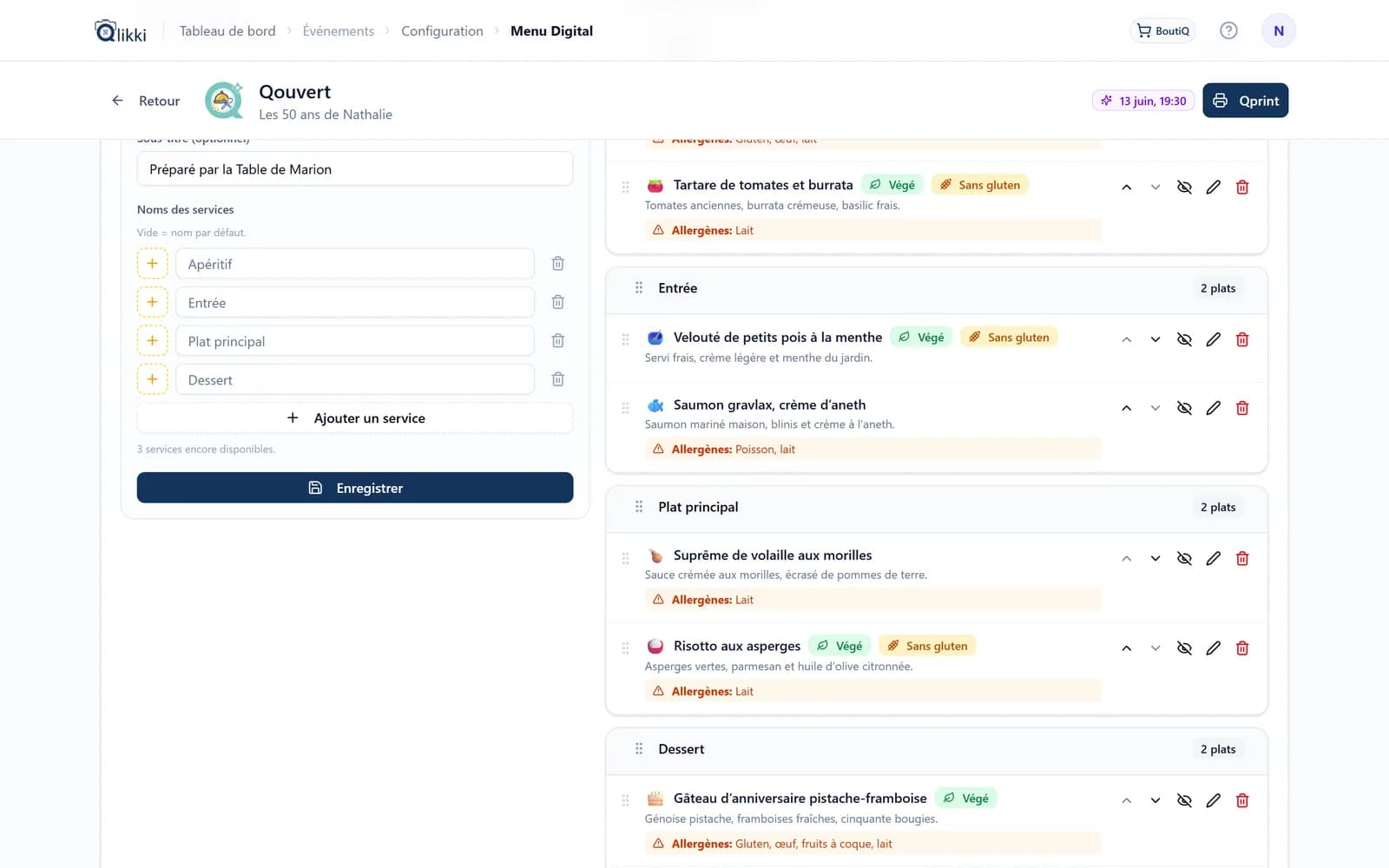 Qouvert dans le tableau de bord : les services et les plats, avec la prévisualisation côté participant
