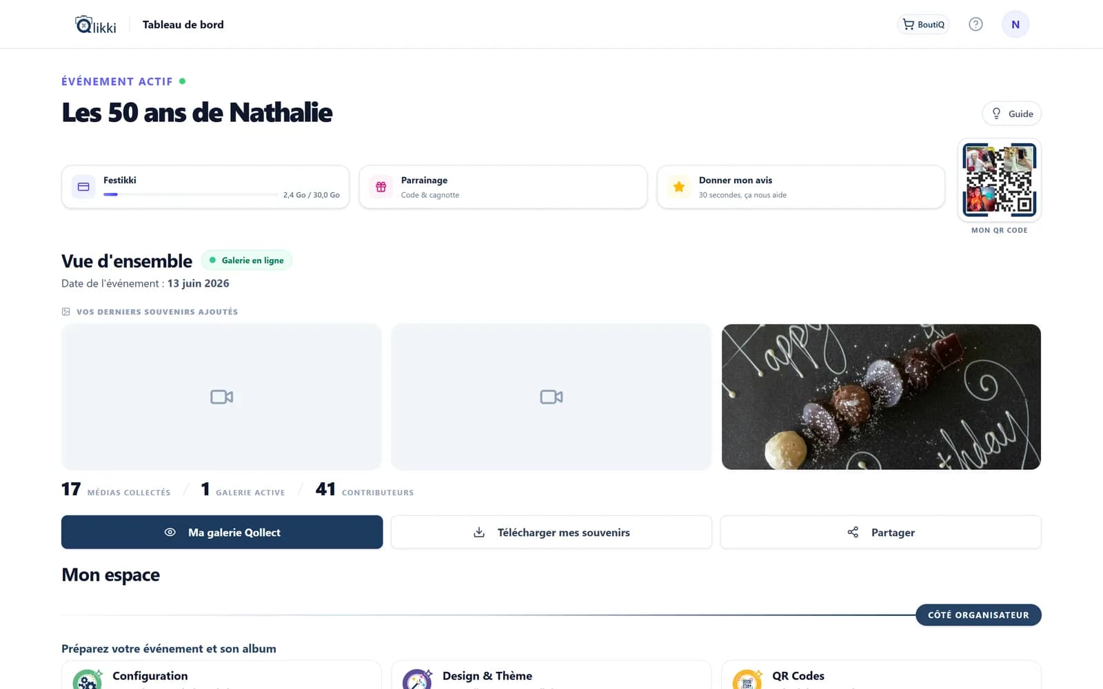 La fenêtre QR code du tableau de bord : choix du QR, taille, arrière-plan et lien de l’événement