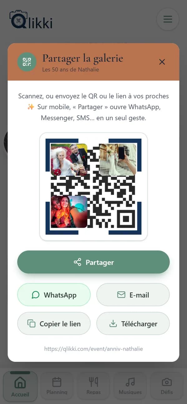 La fenêtre Partager la galerie : le QR code et les boutons de partage