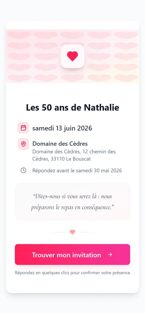 Écran « Trouvez votre invitation » : recherche par nom