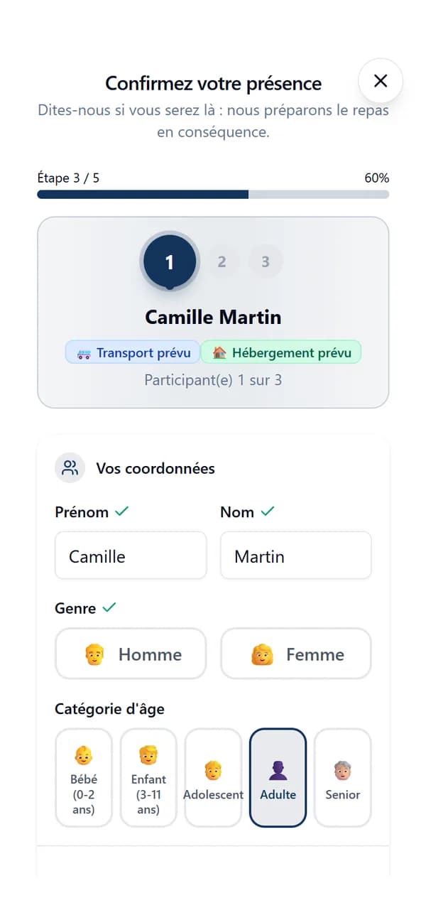 La fenêtre de réponse : la fiche de Camille Martin, avec transport et hébergement prévus